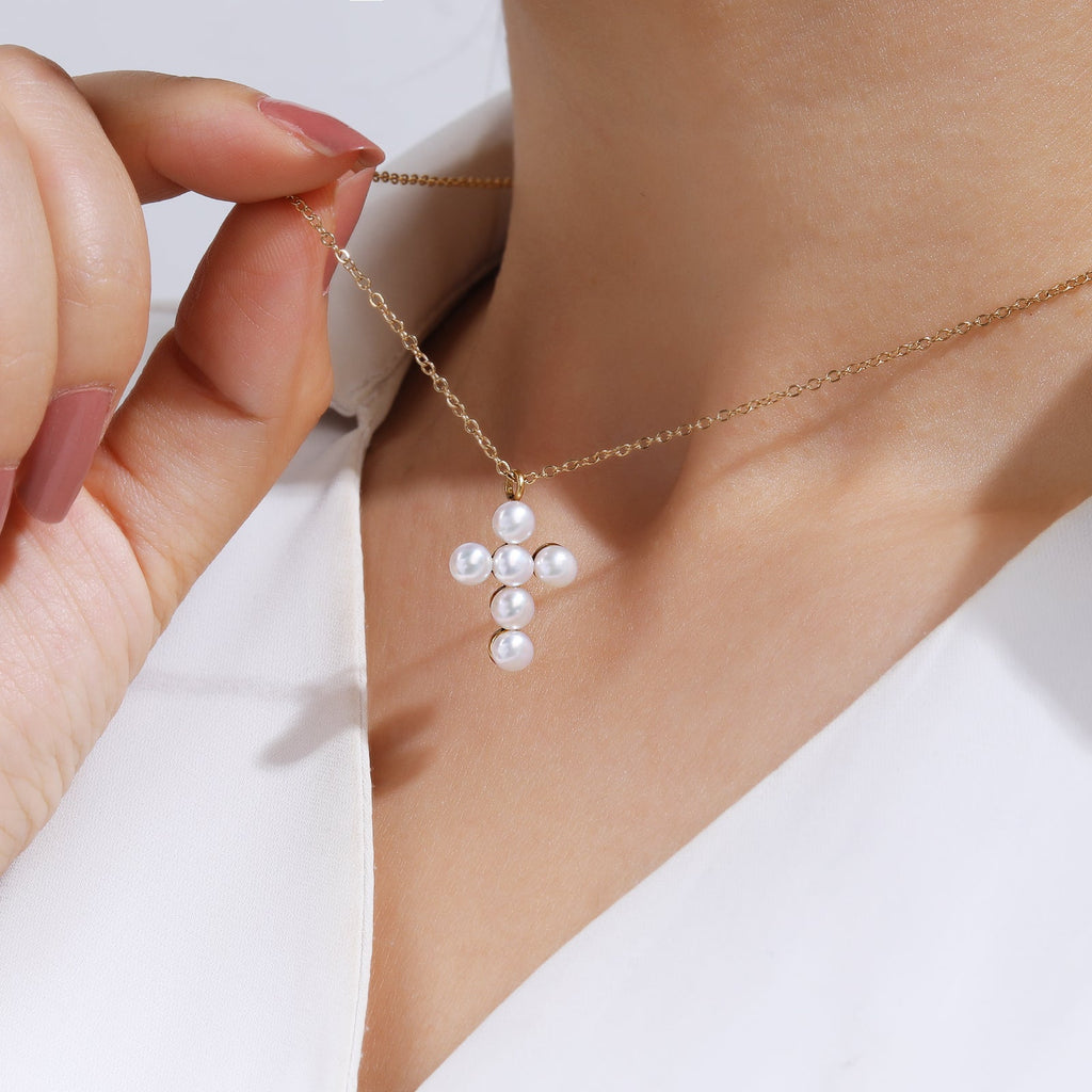 Pearl-Adorned Cross Pendant Necklace