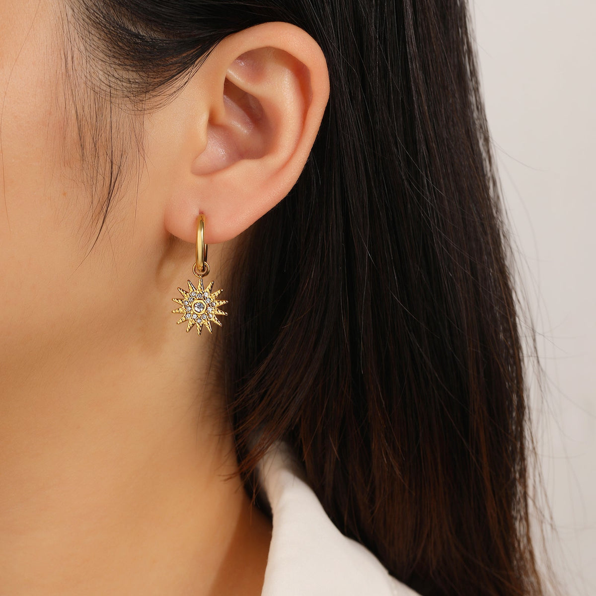 Sunburst CZ Dangle Drop Earrings, Statement Sun Motif