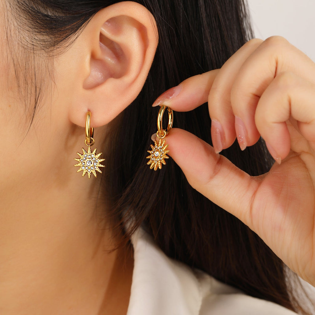 Sunburst CZ Dangle Drop Earrings, Statement Sun Motif