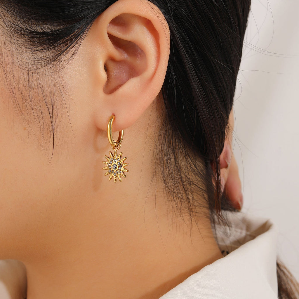 Sunburst CZ Dangle Drop Earrings, Statement Sun Motif