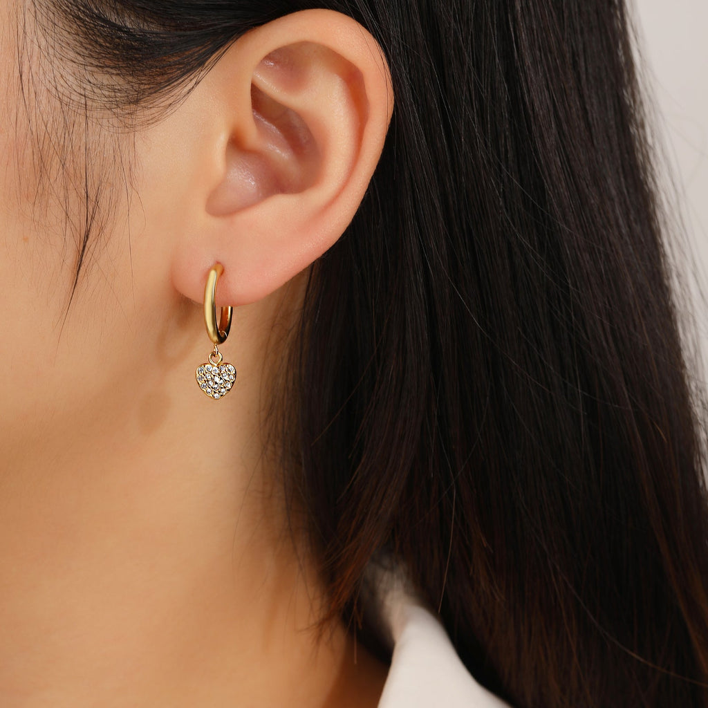 Heart CZ Dangle Drop Earrings, Dainty Everyday Style