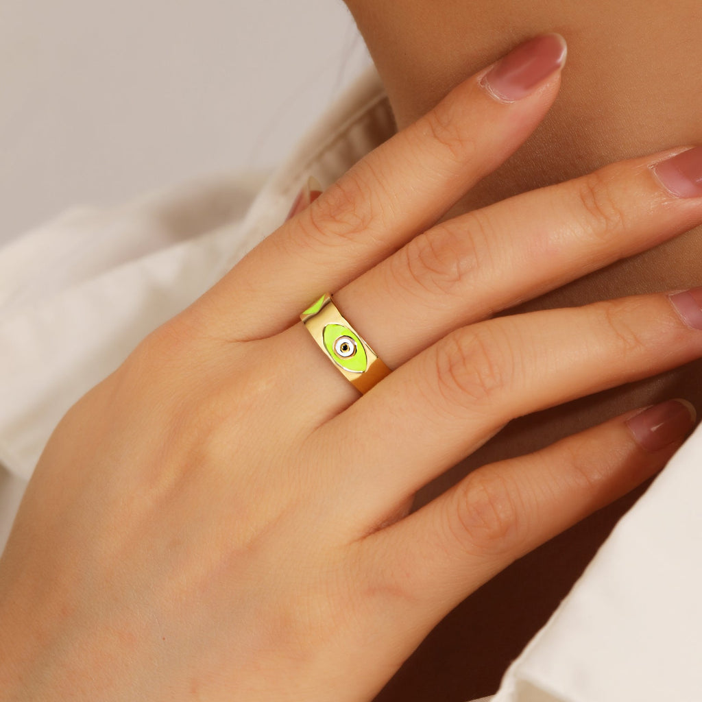 Green Enamel Evil-Eye Open Ring