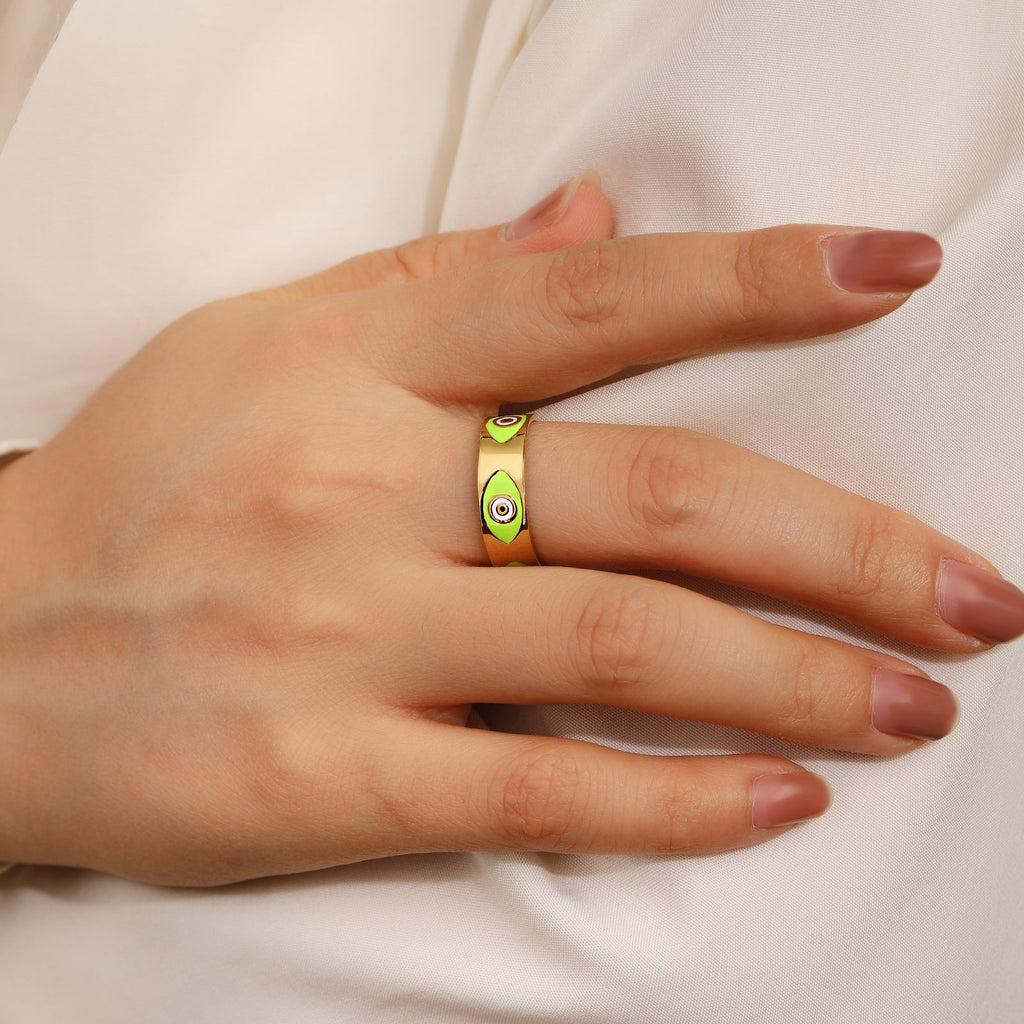 Green Enamel Evil-Eye Open Ring