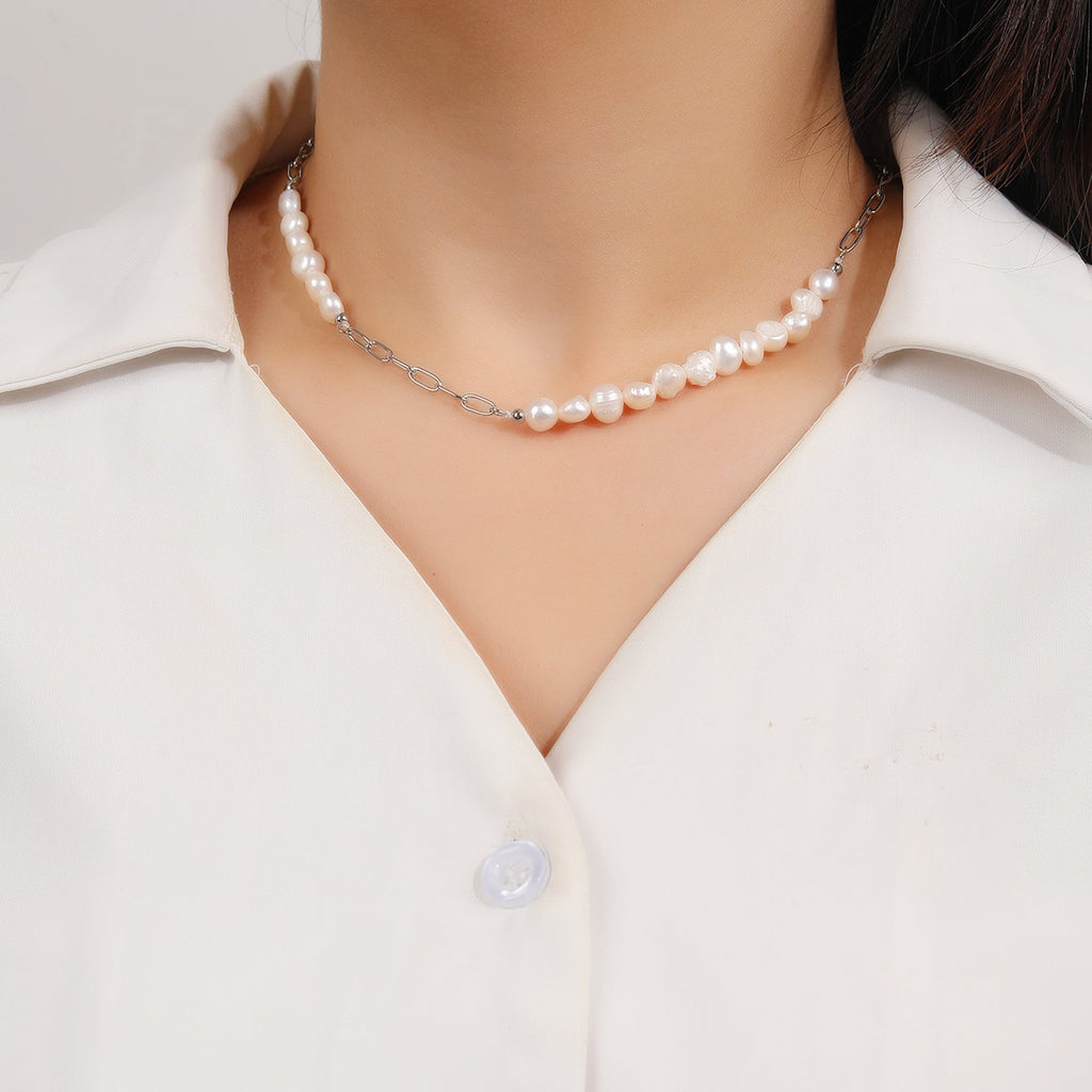 Pearl-Accented Paperclip Choker Necklace