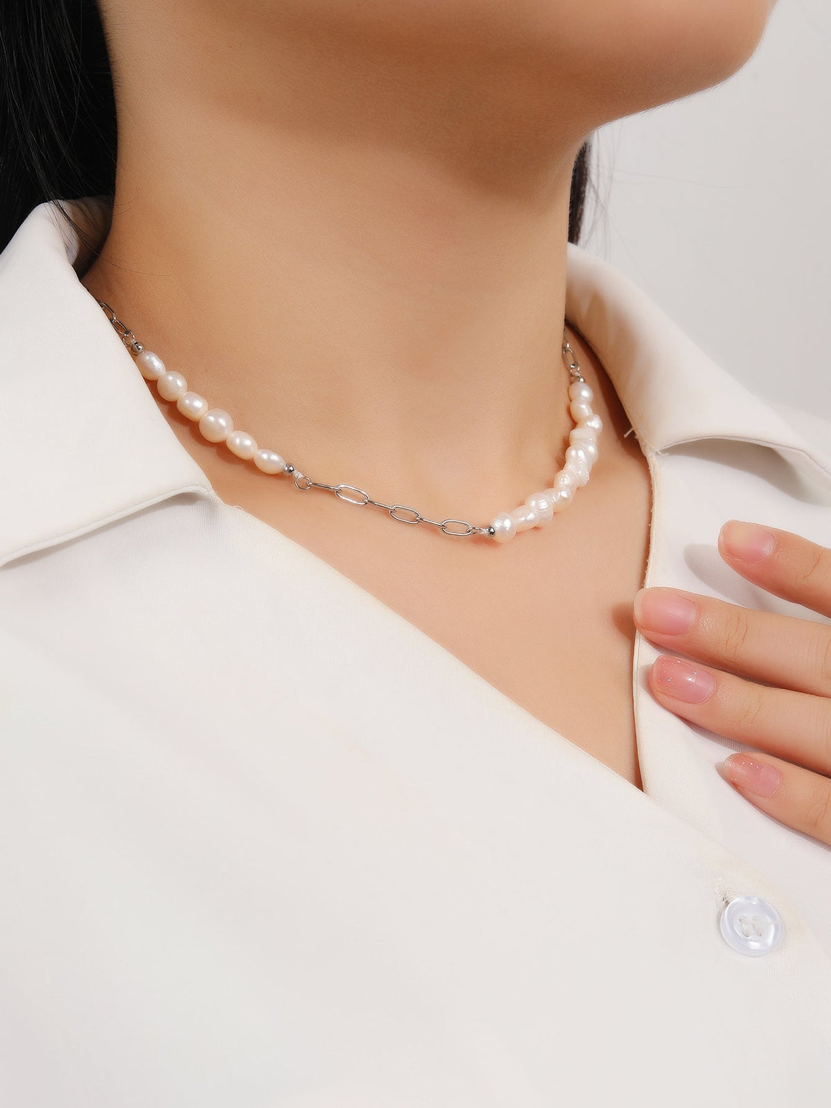 Pearl-Accented Paperclip Choker Necklace