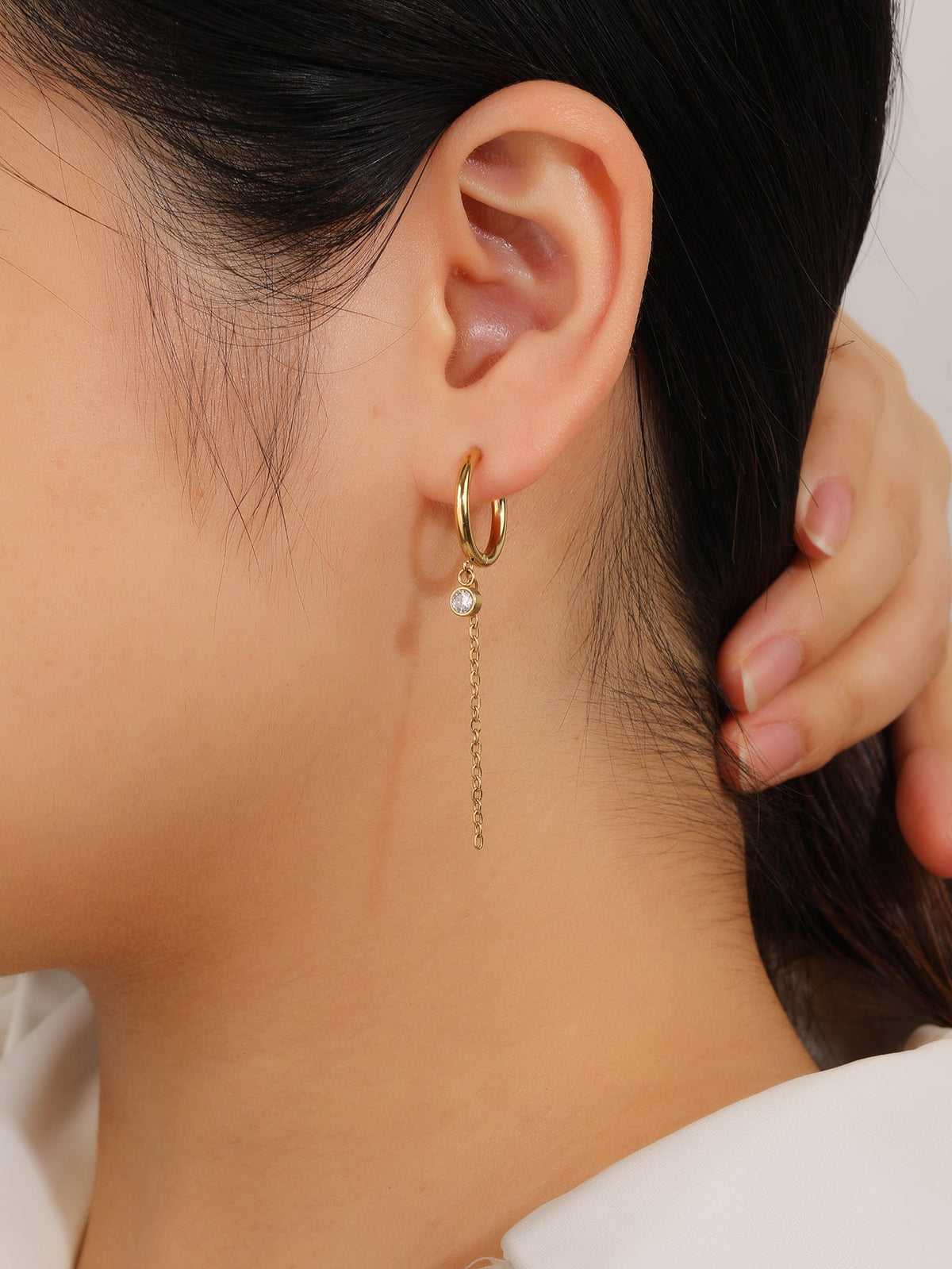 Tiny Huggie Hoop Chain Earrings with CZ, Vintage Charm