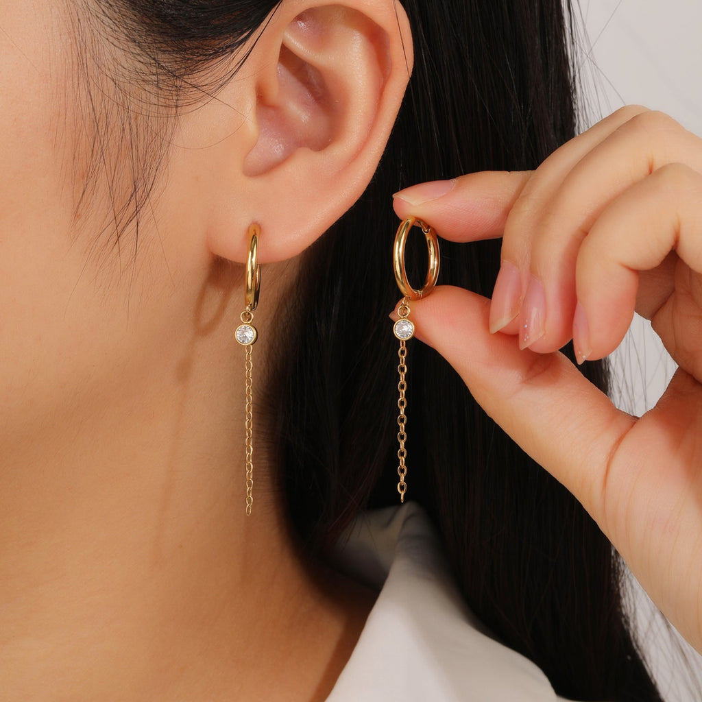 Tiny Huggie Hoop Chain Earrings with CZ, Vintage Charm