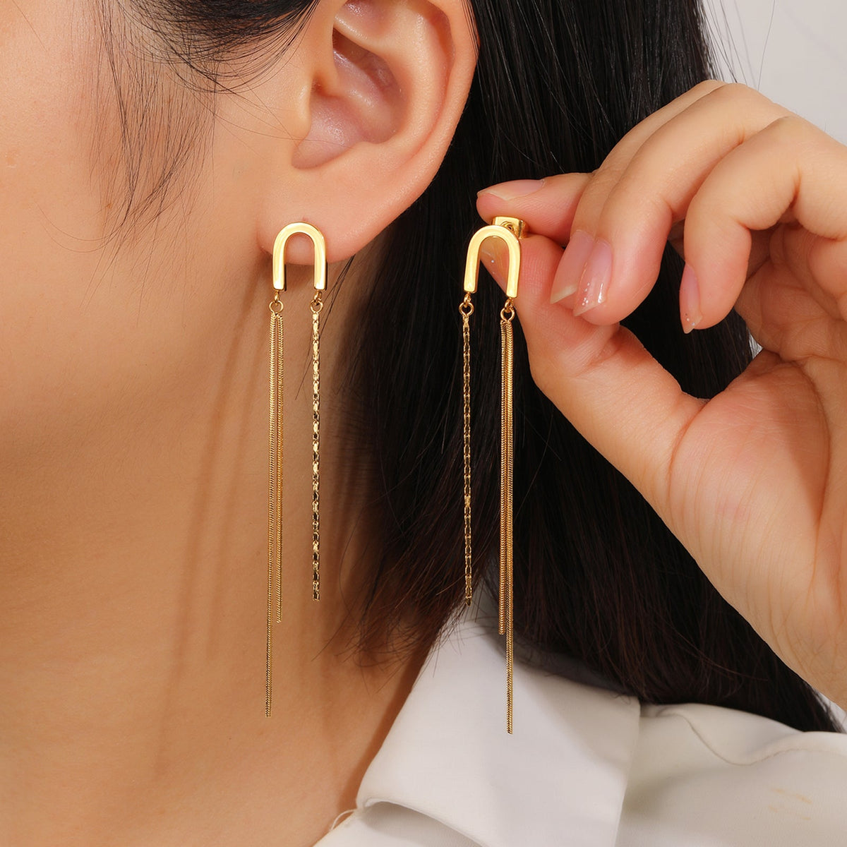 Gold Link Tassel Earrings, Elongated 8.5cm Drop