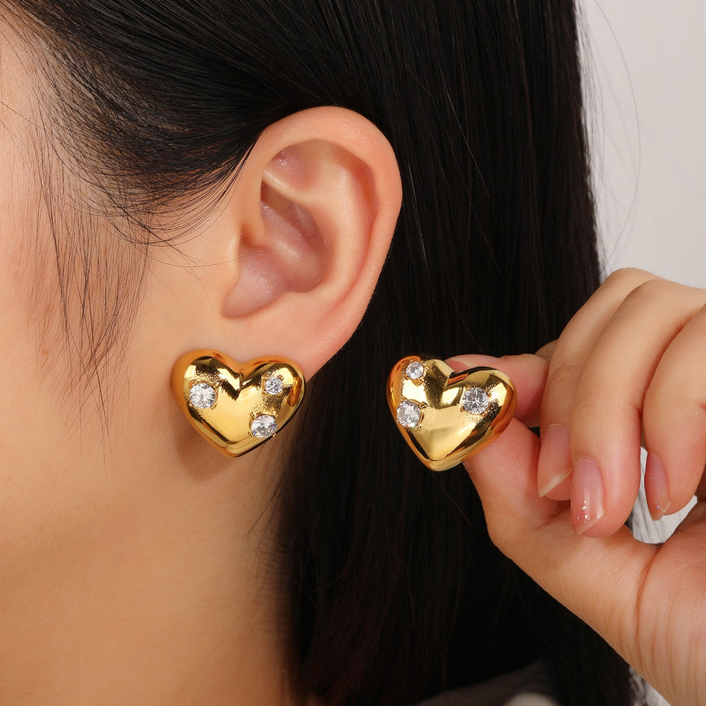 Heart Stud Earrings with CZ, Bold 2.4cm Silhouette