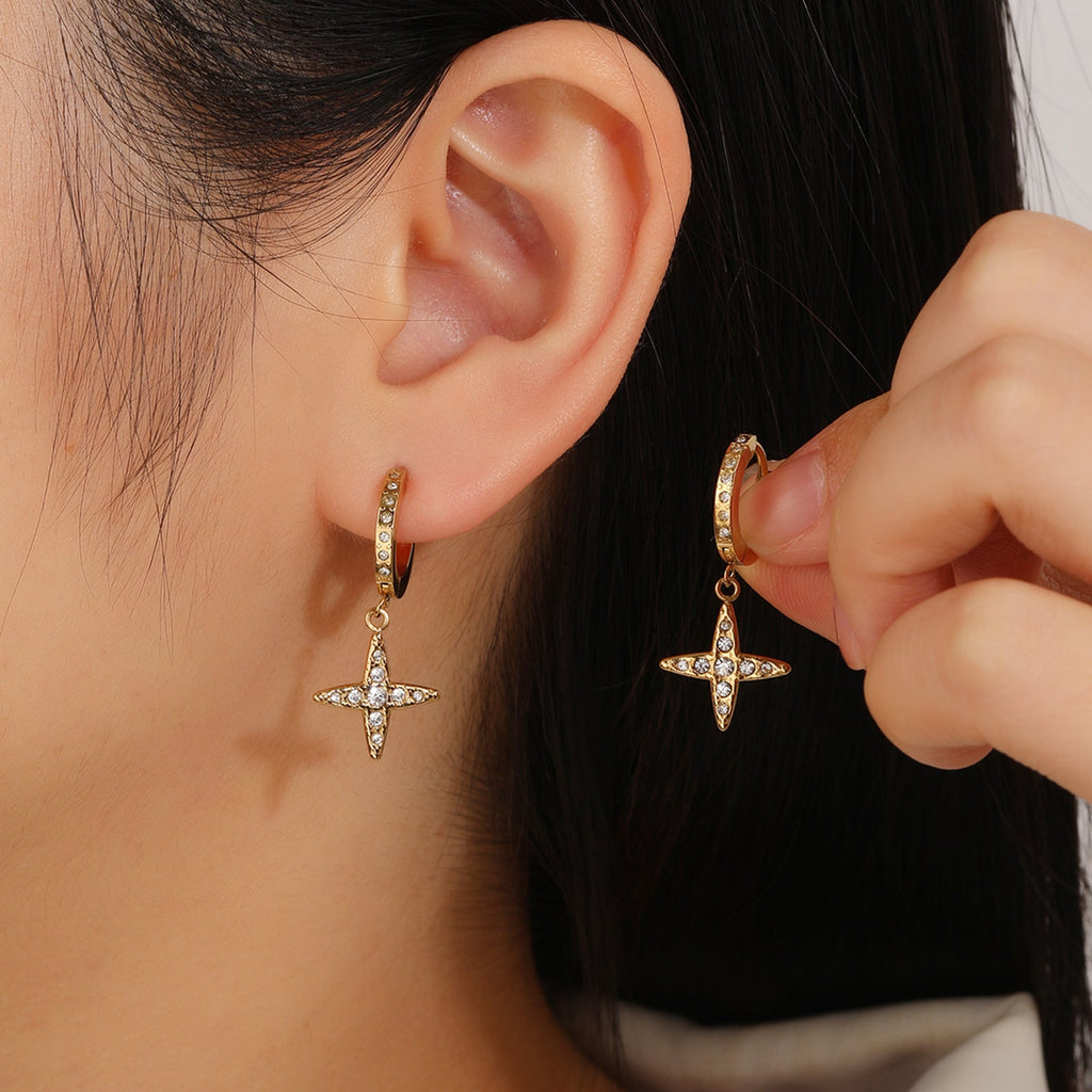 Cross Star Pendant Hoop Earrings, Flexible Adjustable Fit