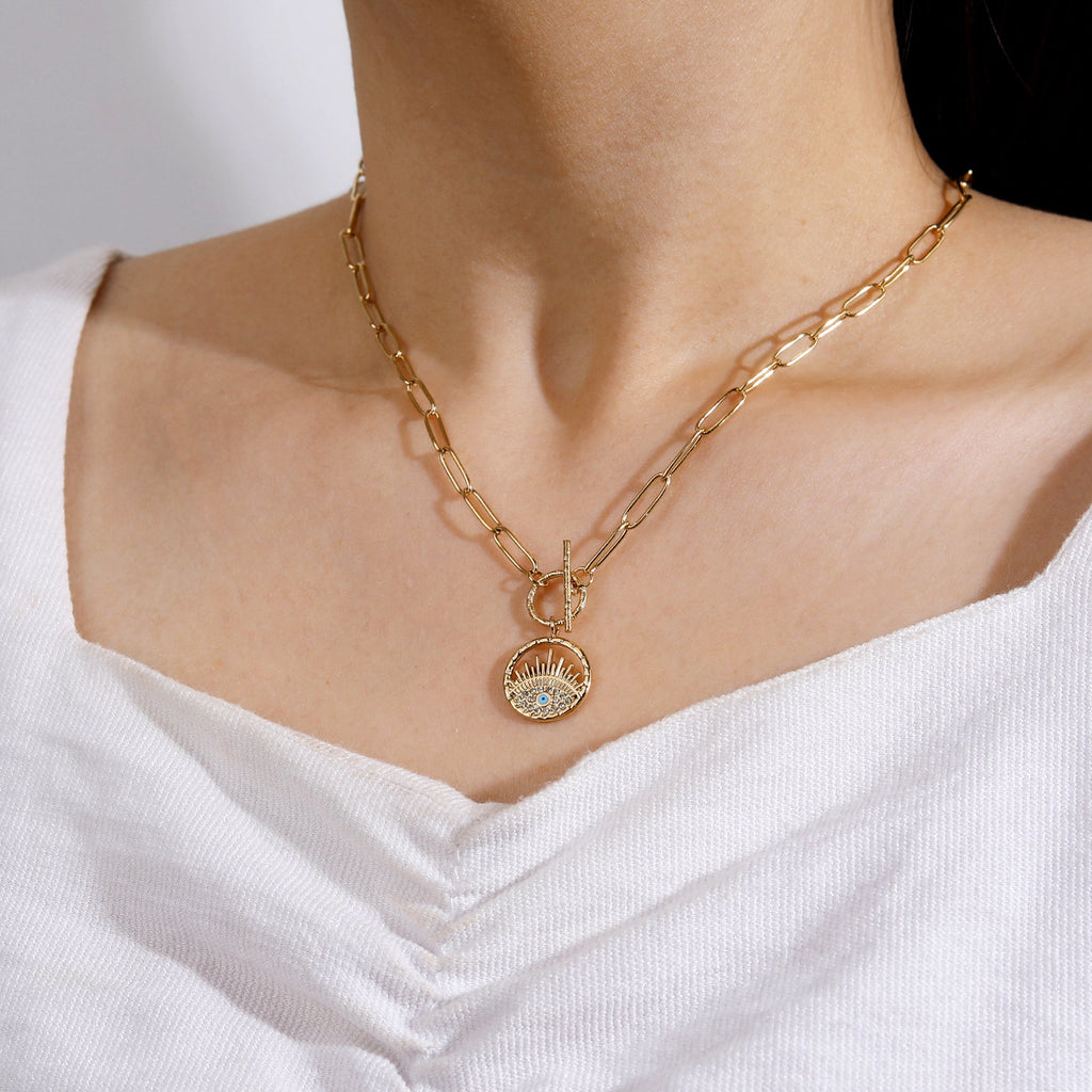 Paperclip-Chain Evil Eye Pendant Necklace