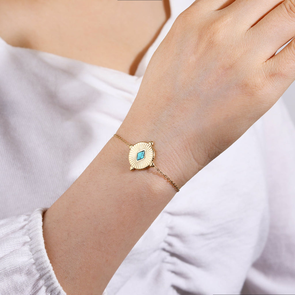 Rhombus-Cut Turquoise Link Bracelet, 18K Gold Plated Adjustable Stacking Chain