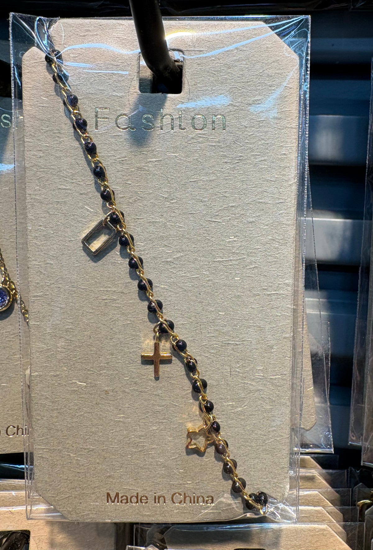 Black Bead Cross Charm Bracelet - D-bracelets-0004