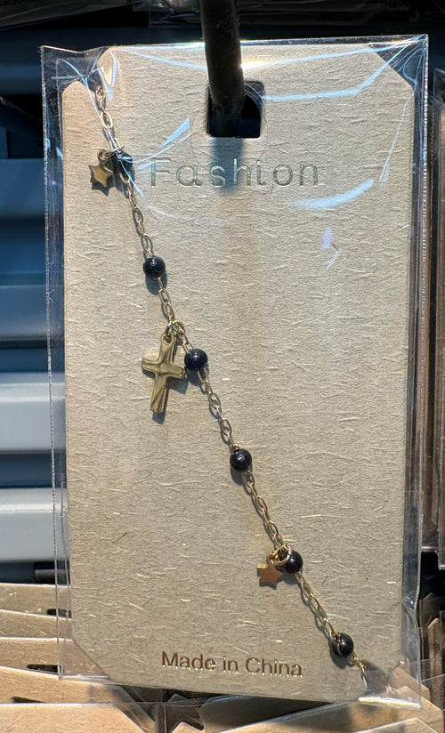 Black Bead Star Cross Bracelet - D-bracelets-0021