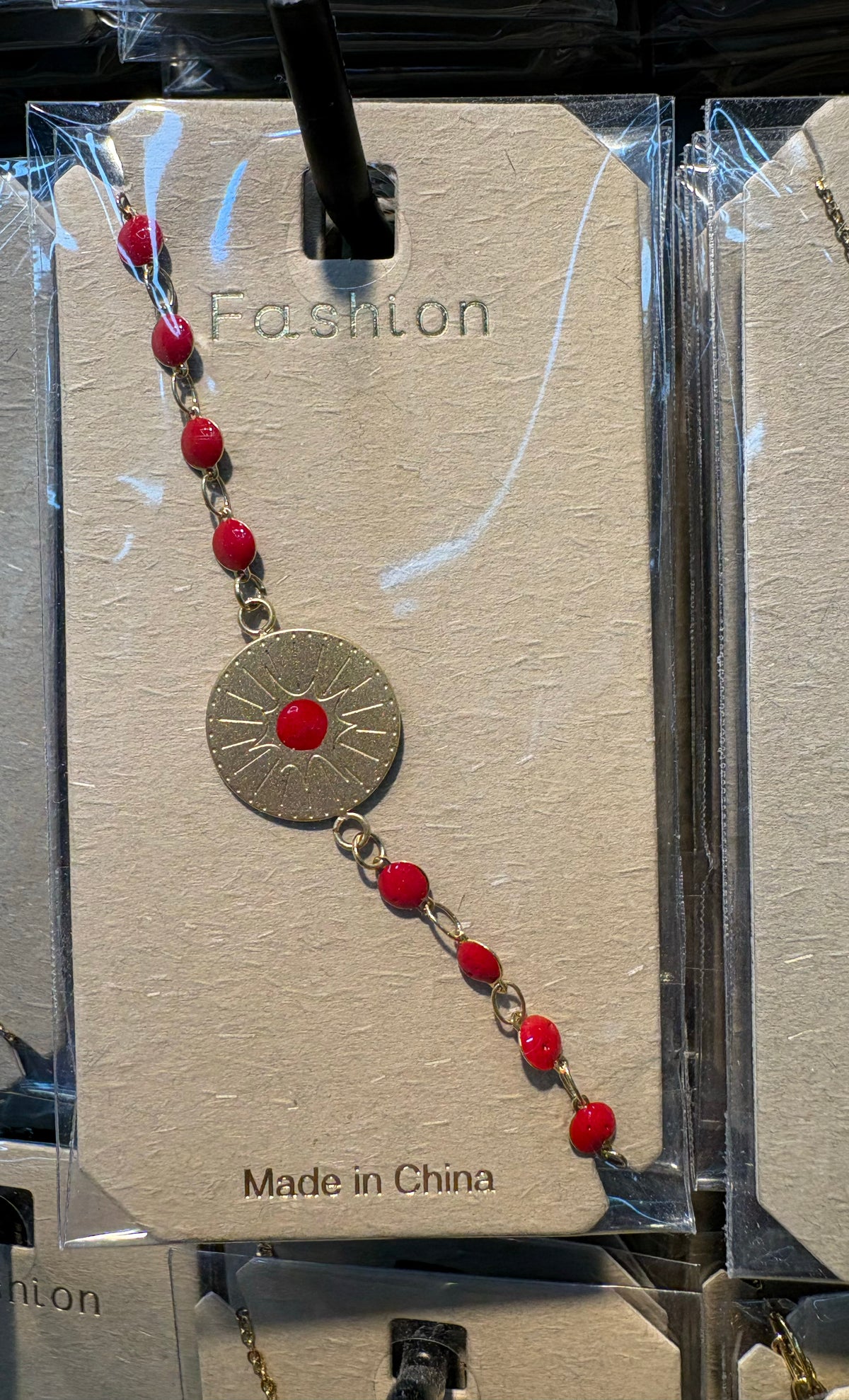 Red Bead Sun Medallion Bracelet - D-bracelets-0066