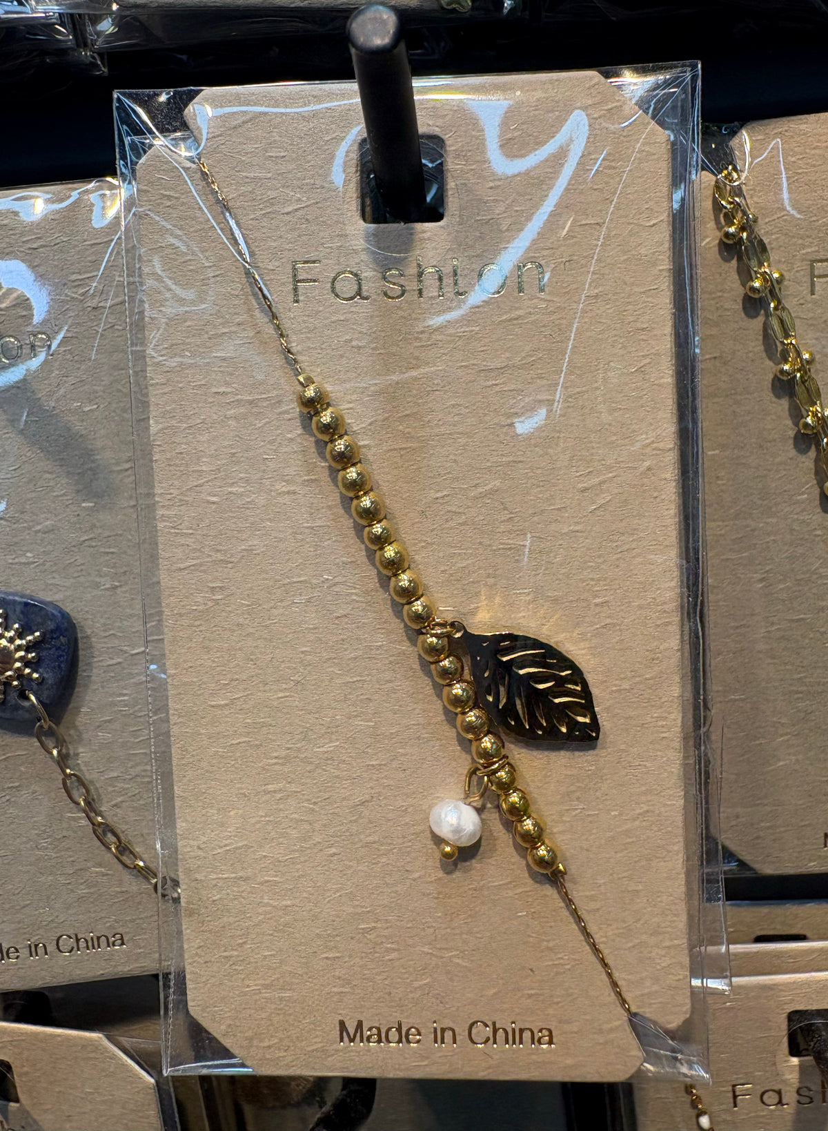 Leaf and Pearl Charm Bracelet - D-bracelets-0182