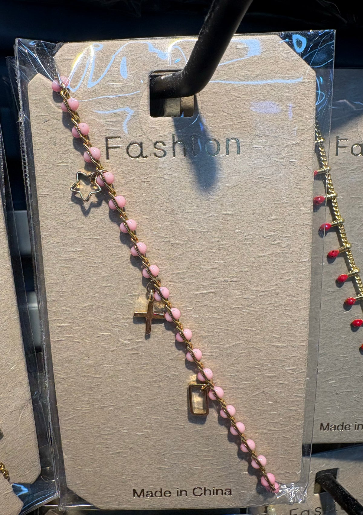 Pink Bead Cross Charm Bracelet - D-bracelets-0202