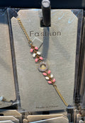 Pink Leaf Bead Medallion Bracelet - D-bracelets-0318