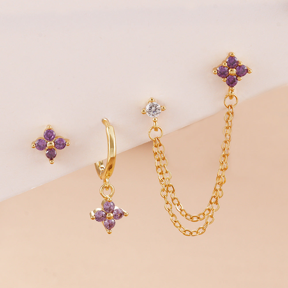3-Piece Crystal Floral Single-Ear Stacking Earring Set