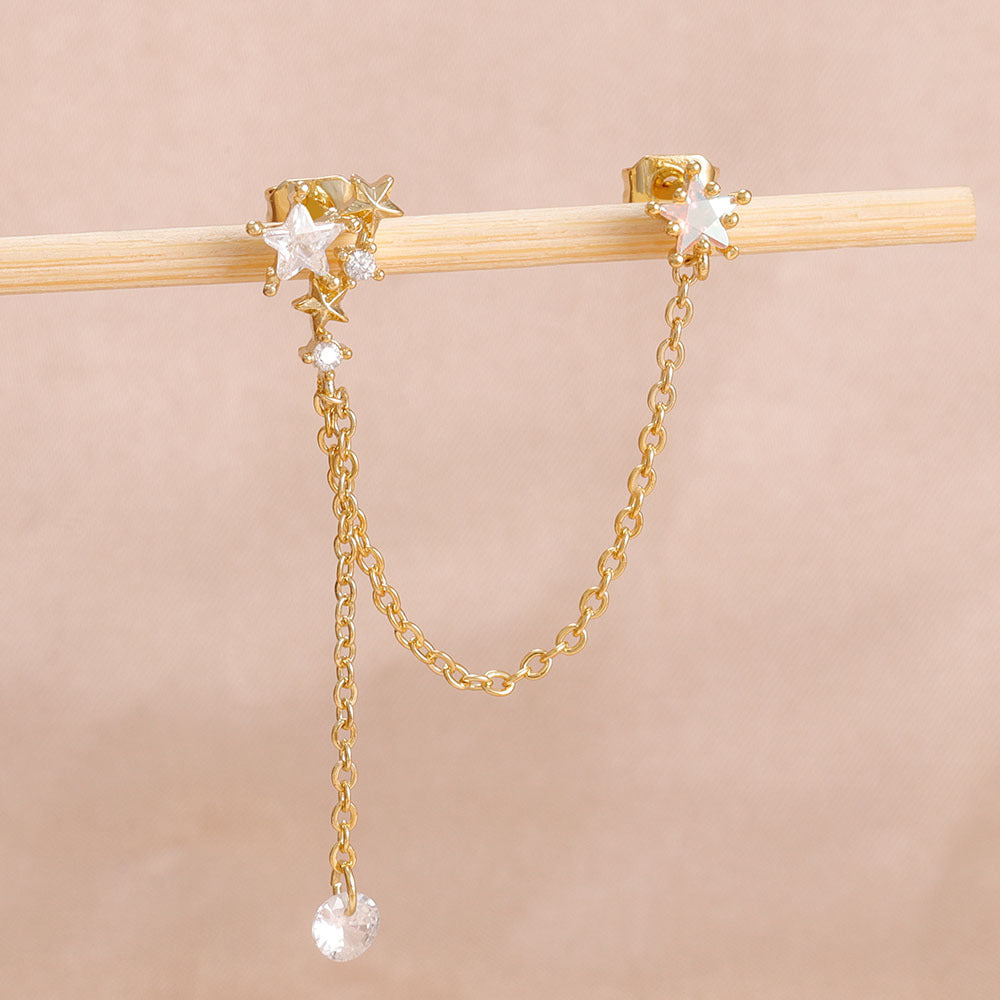CZ Celestial Chain Earrings, Asymmetric Star Design