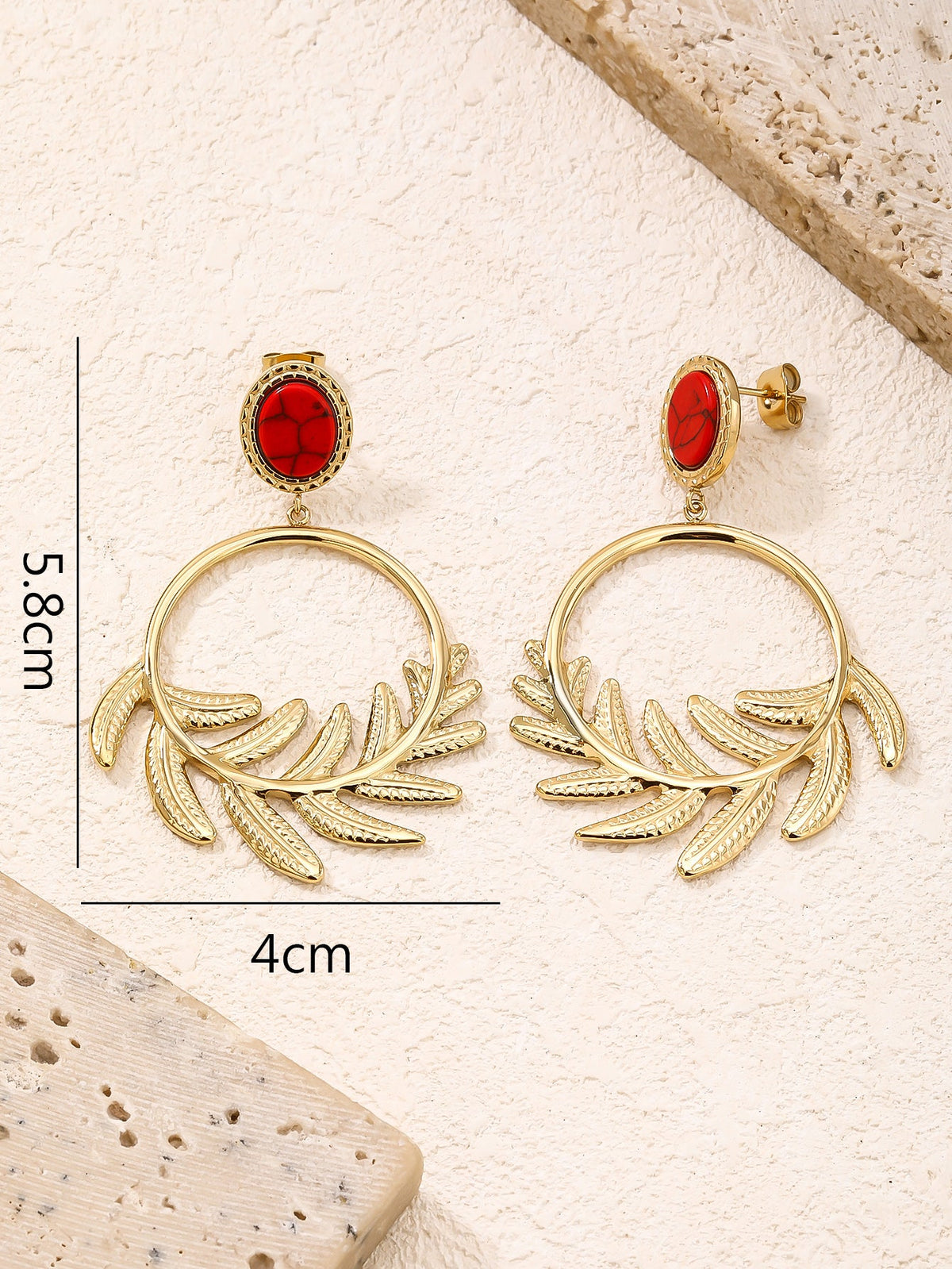 Fern Leaf Dangle Drop Hoop Earrings, Brushed Disc Detail