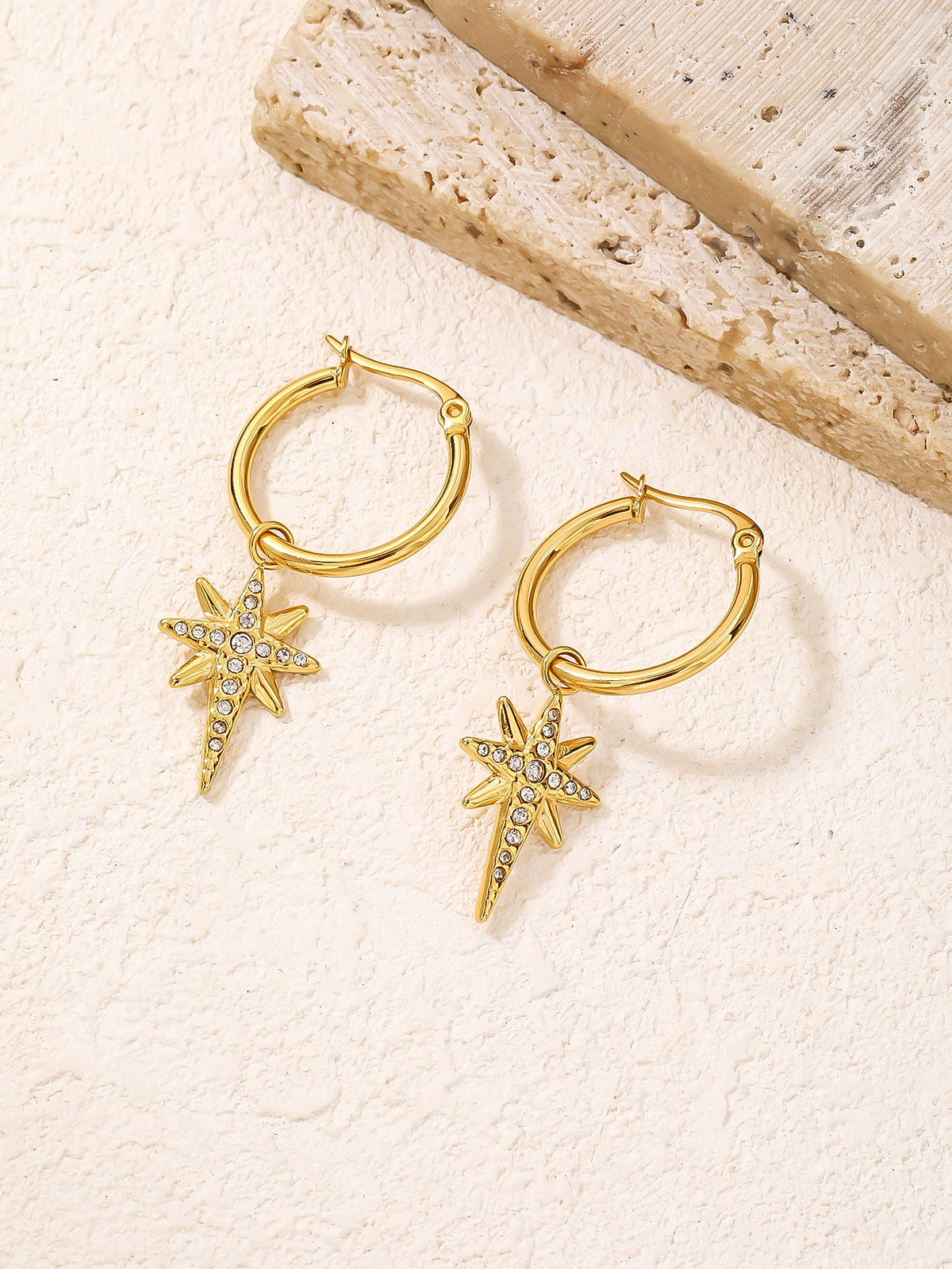 Pave North Star Dangle Hoop Earrings, Celestial Charm