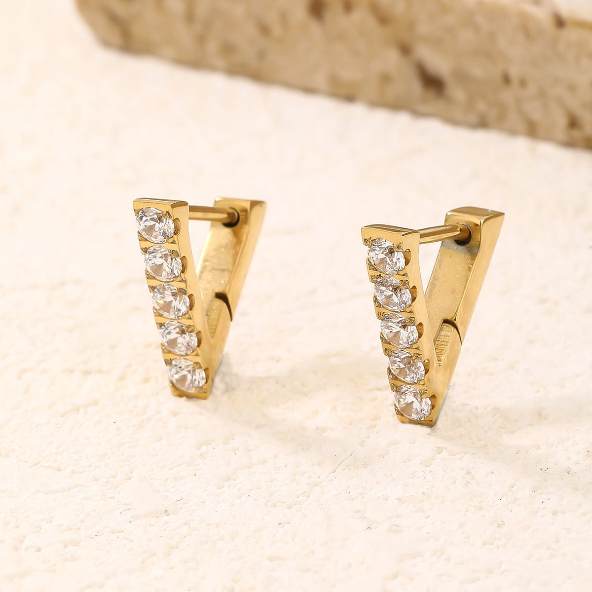 V-Shaped CZ Huggie Earrings, Ultra-Slim 1.5cm