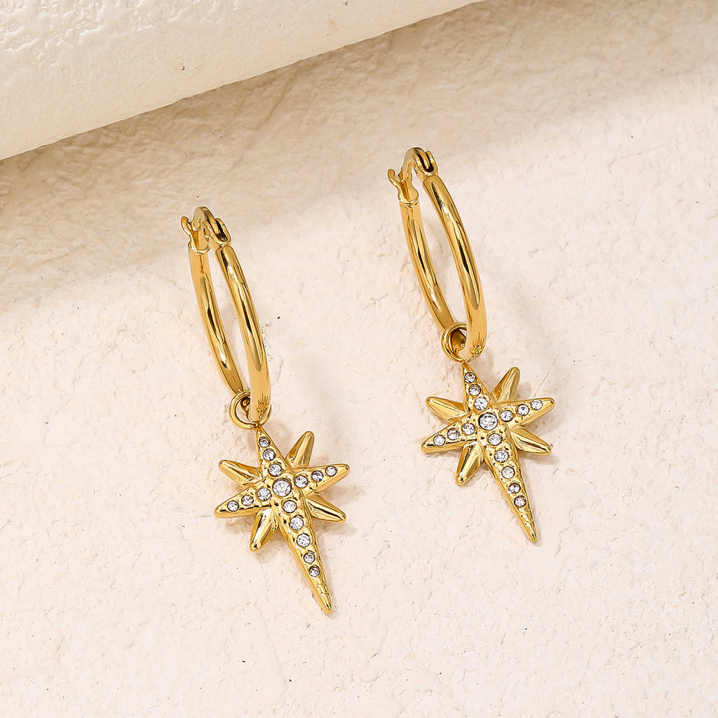Pave North Star Dangle Hoop Earrings, Celestial Charm