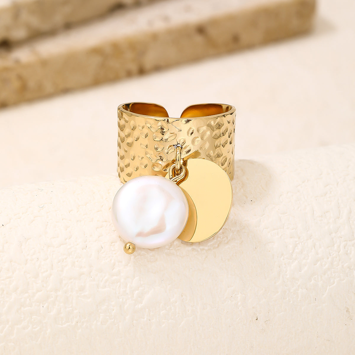 Hammered Pearl & Disc Charm Ring