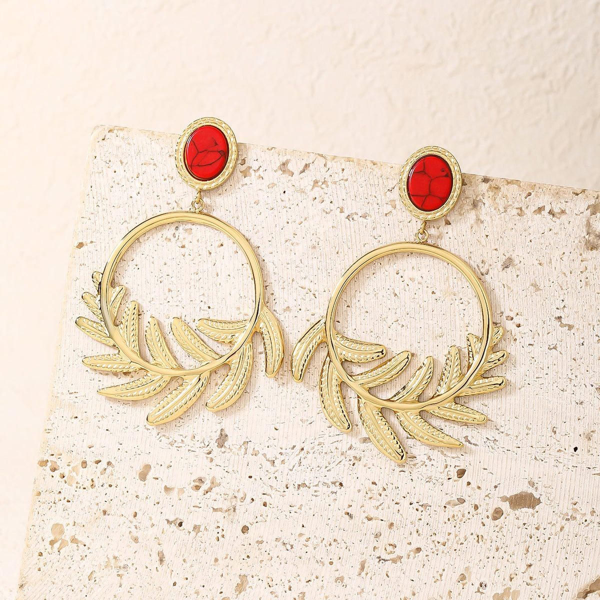 Fern Leaf Dangle Drop Hoop Earrings, Brushed Disc Detail