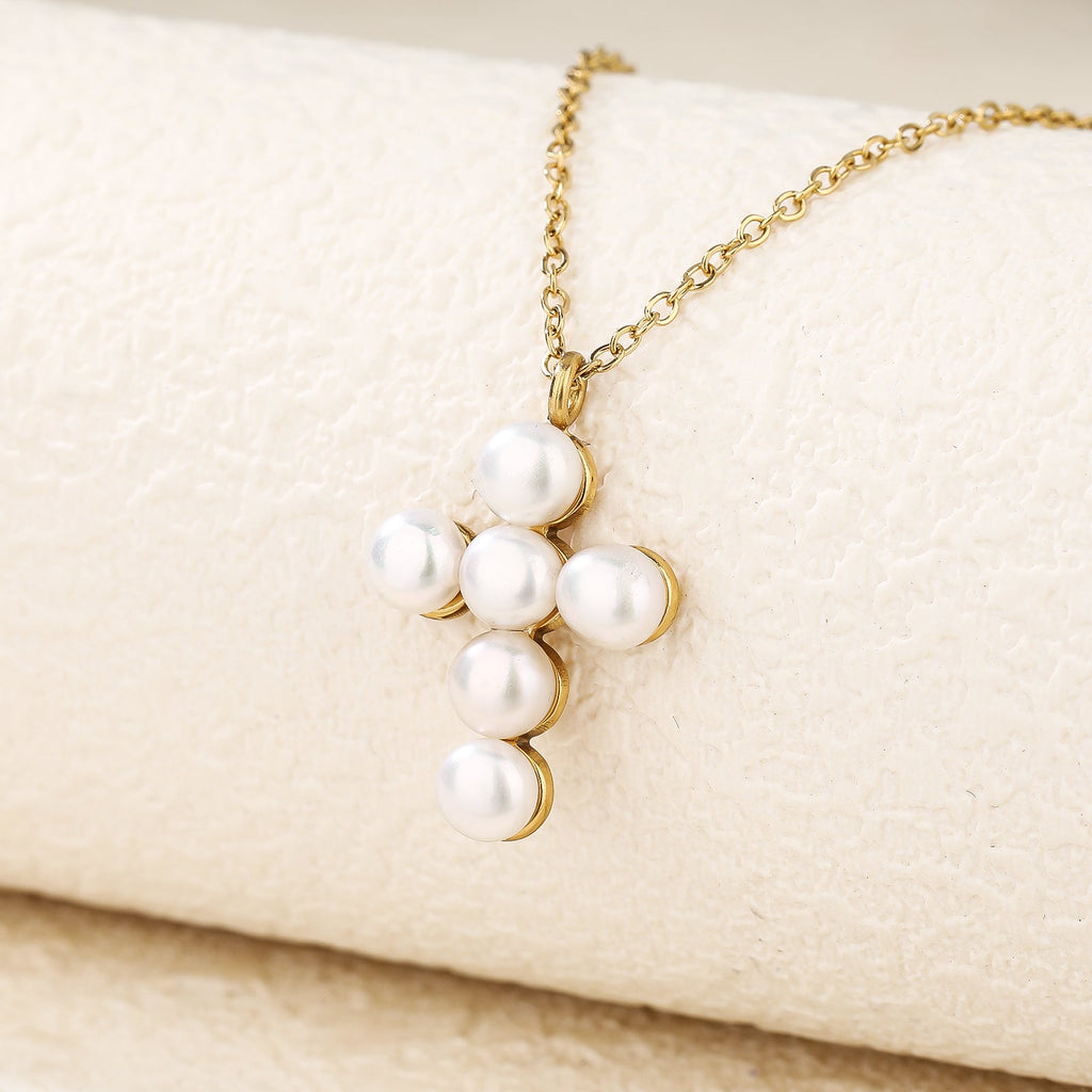Pearl-Adorned Cross Pendant Necklace