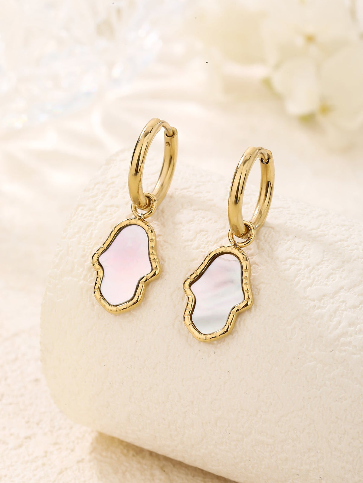 Mother of Pearl Hamsa Drop Huggie Earrings, Ultra-Light 3.5g