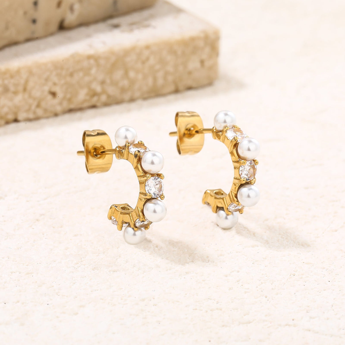 Thick Open C-Shaped Earrings, Pearl-Accented Compact