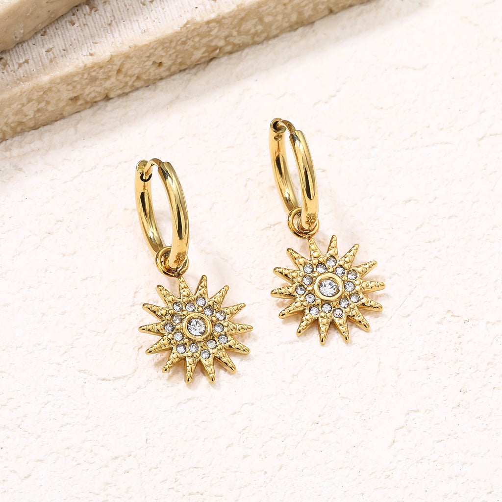 Sunburst CZ Dangle Drop Earrings, Statement Sun Motif