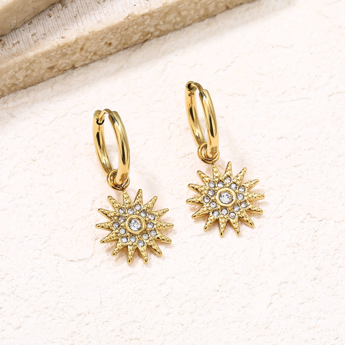 Sunburst CZ Dangle Drop Earrings, Statement Sun Motif