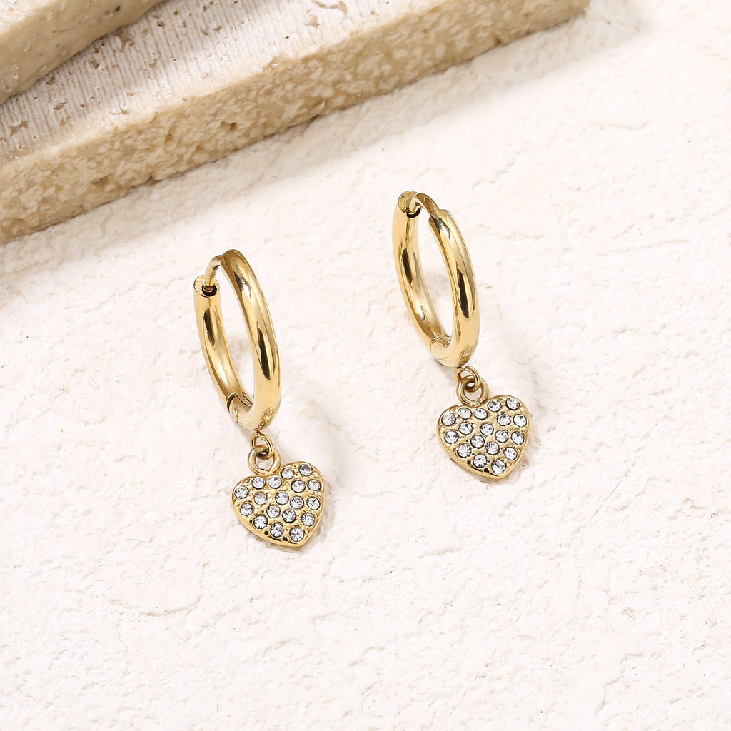 Heart CZ Dangle Drop Earrings, Dainty Everyday Style