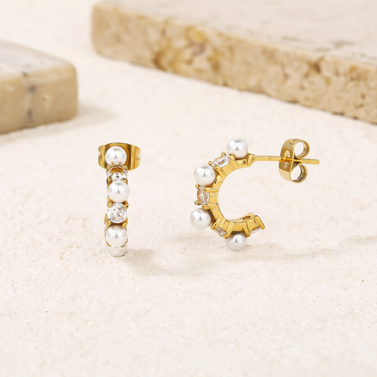 Thick Open C-Shaped Earrings, Pearl-Accented Compact
