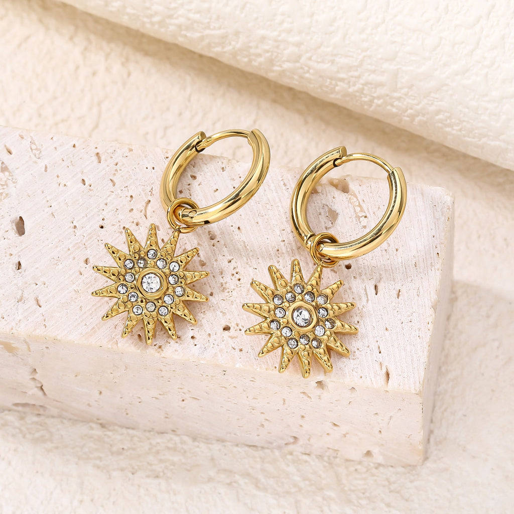 Sunburst CZ Dangle Drop Earrings, Statement Sun Motif