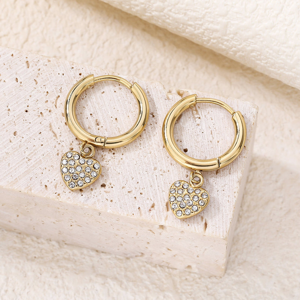 Heart CZ Dangle Drop Earrings, Dainty Everyday Style