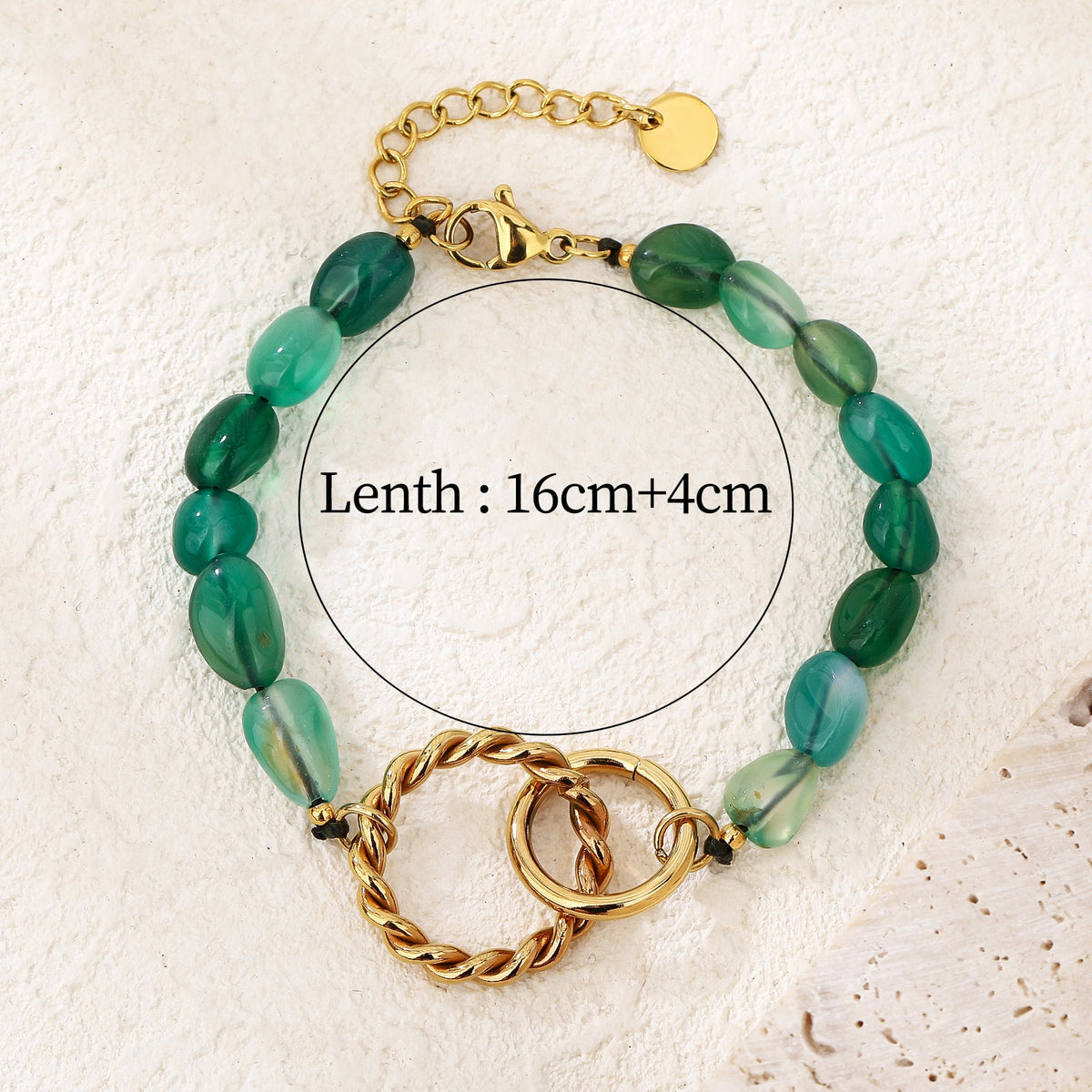 Green Crystal Beads Bracelet, 18K Gold Plated Adjustable Layering Chain