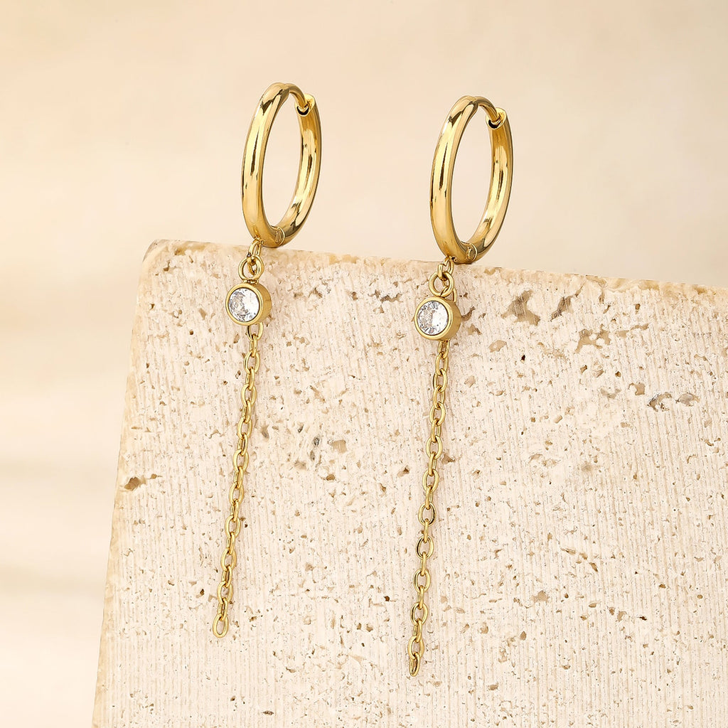 Tiny Huggie Hoop Chain Earrings with CZ, Vintage Charm