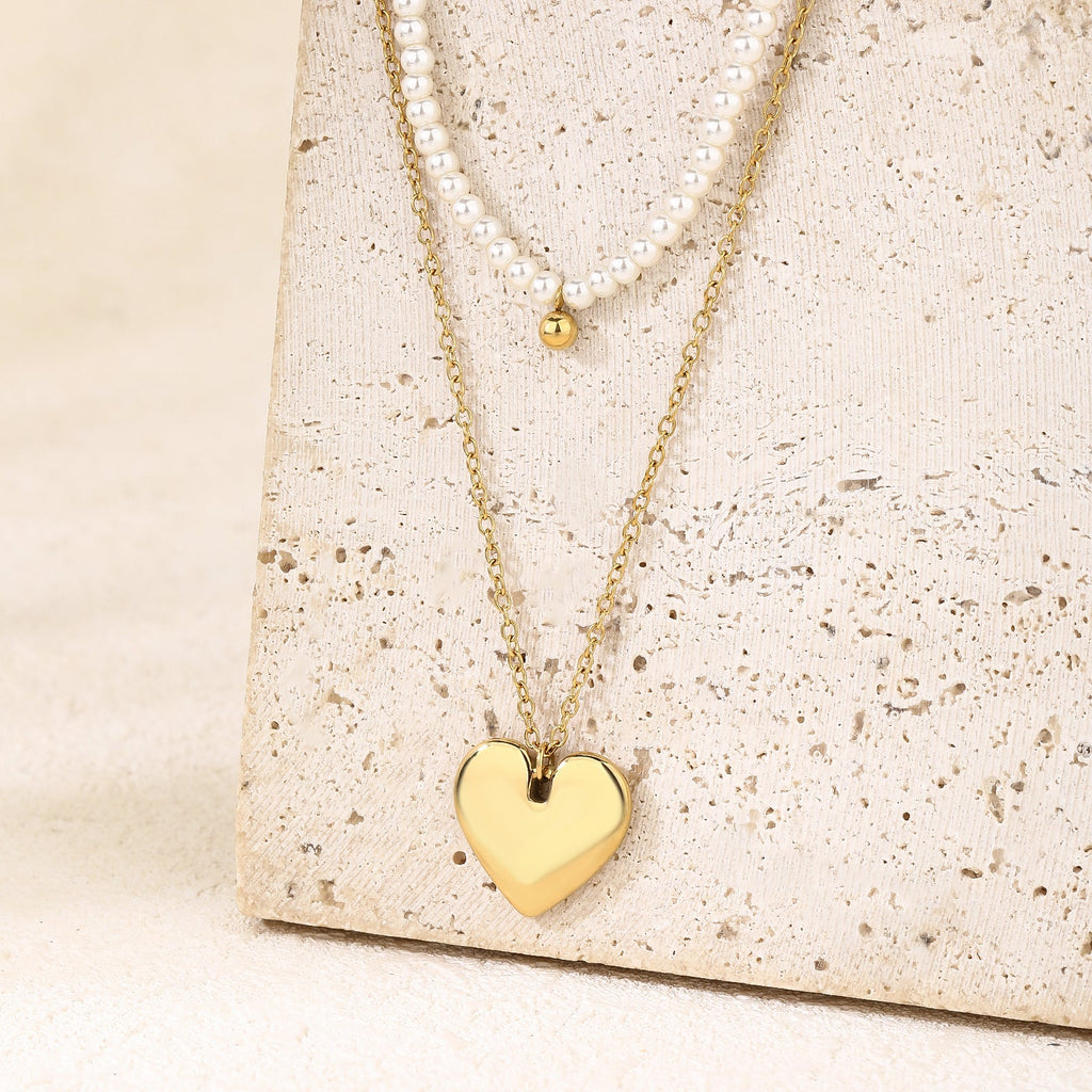 Stacked Pearl Heart Pendant Necklace