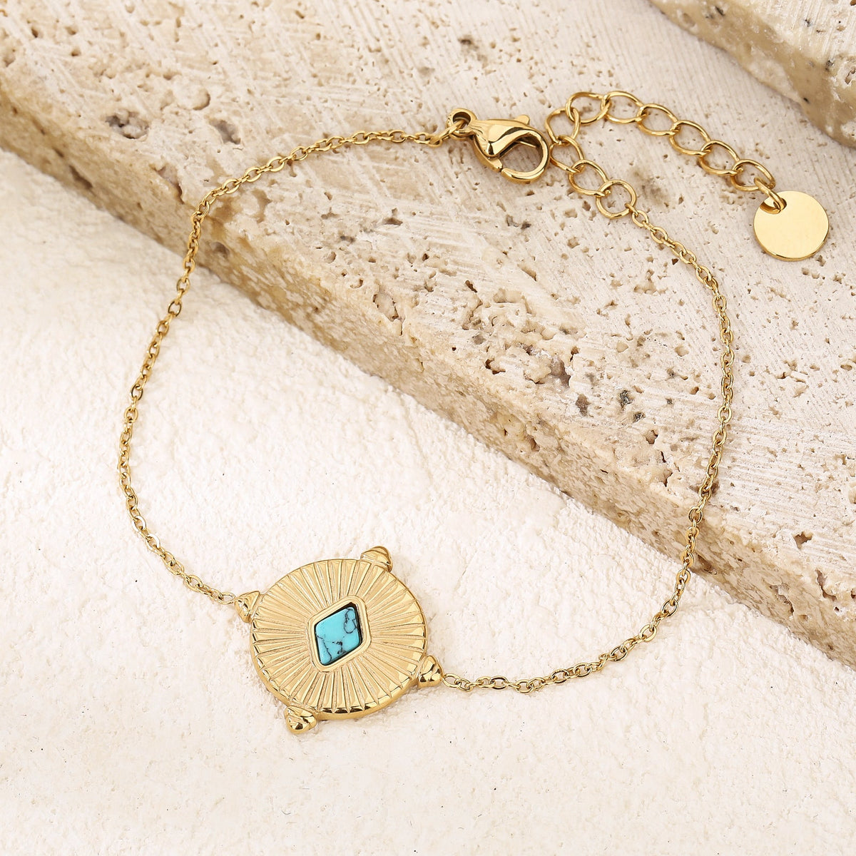 Rhombus-Cut Turquoise Link Bracelet, 18K Gold Plated Adjustable Stacking Chain