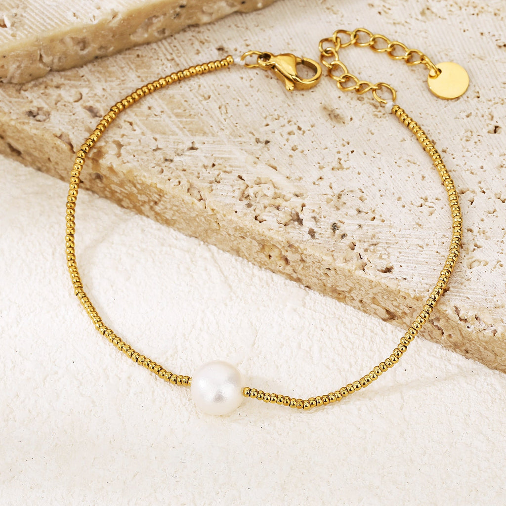 18K gold plated single pearl link chain bracelet