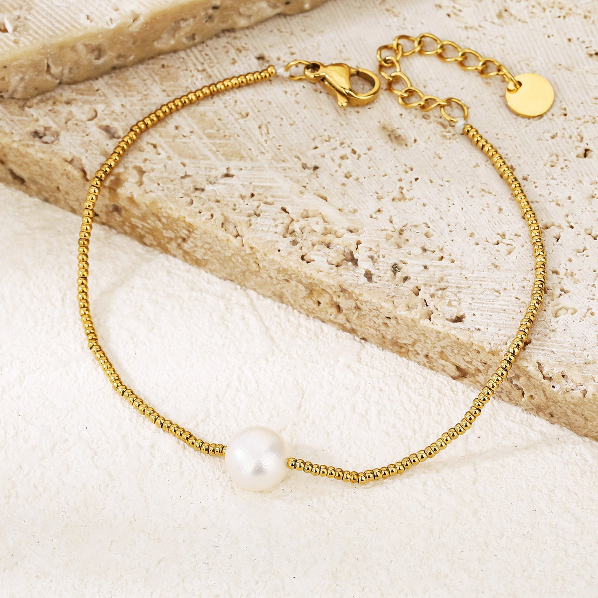 18K gold plated single pearl link chain bracelet