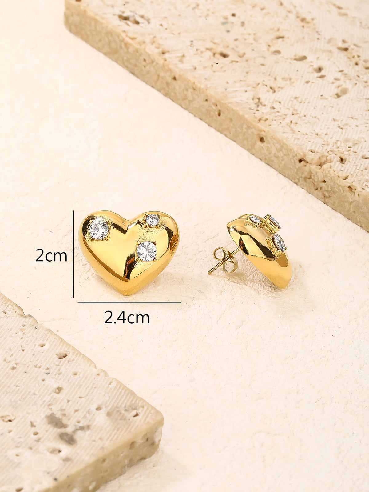 Heart Stud Earrings with CZ, Bold 2.4cm Silhouette
