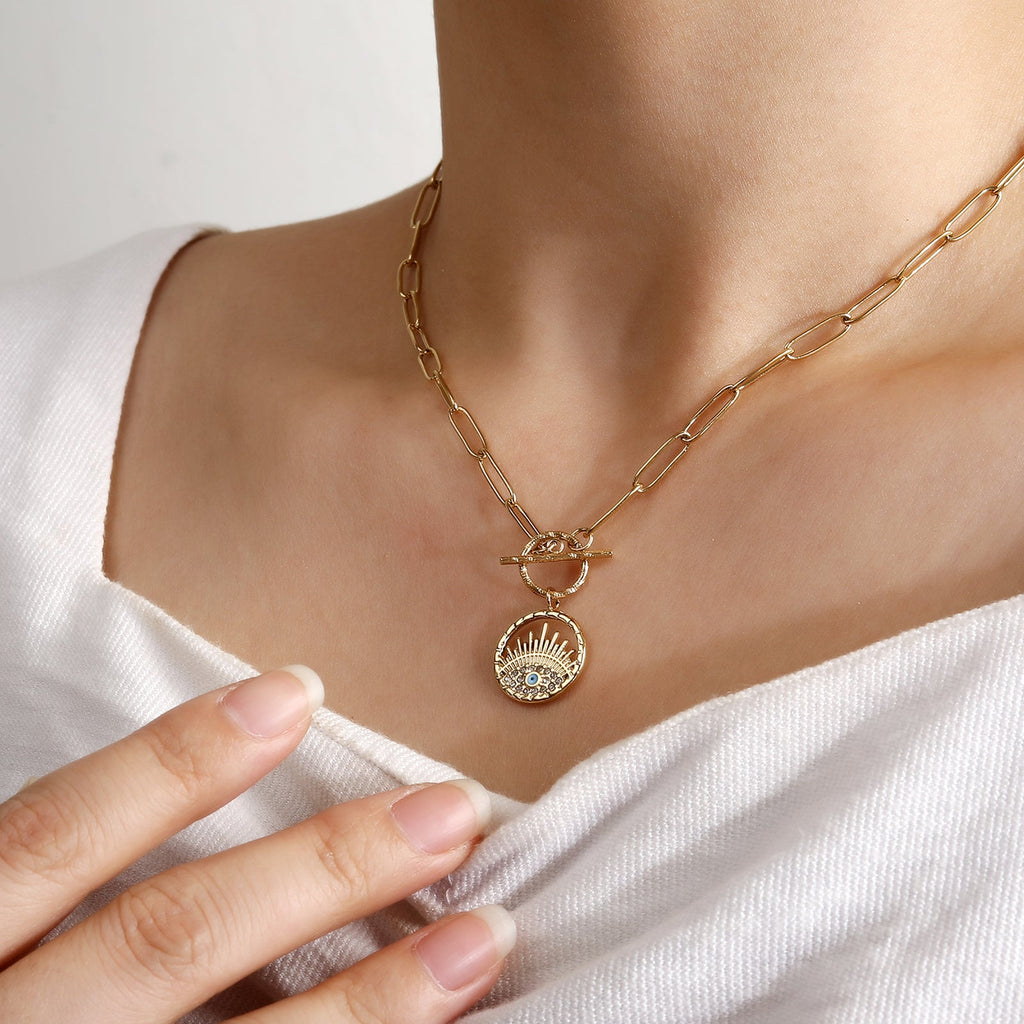 Paperclip-Chain Evil Eye Pendant Necklace