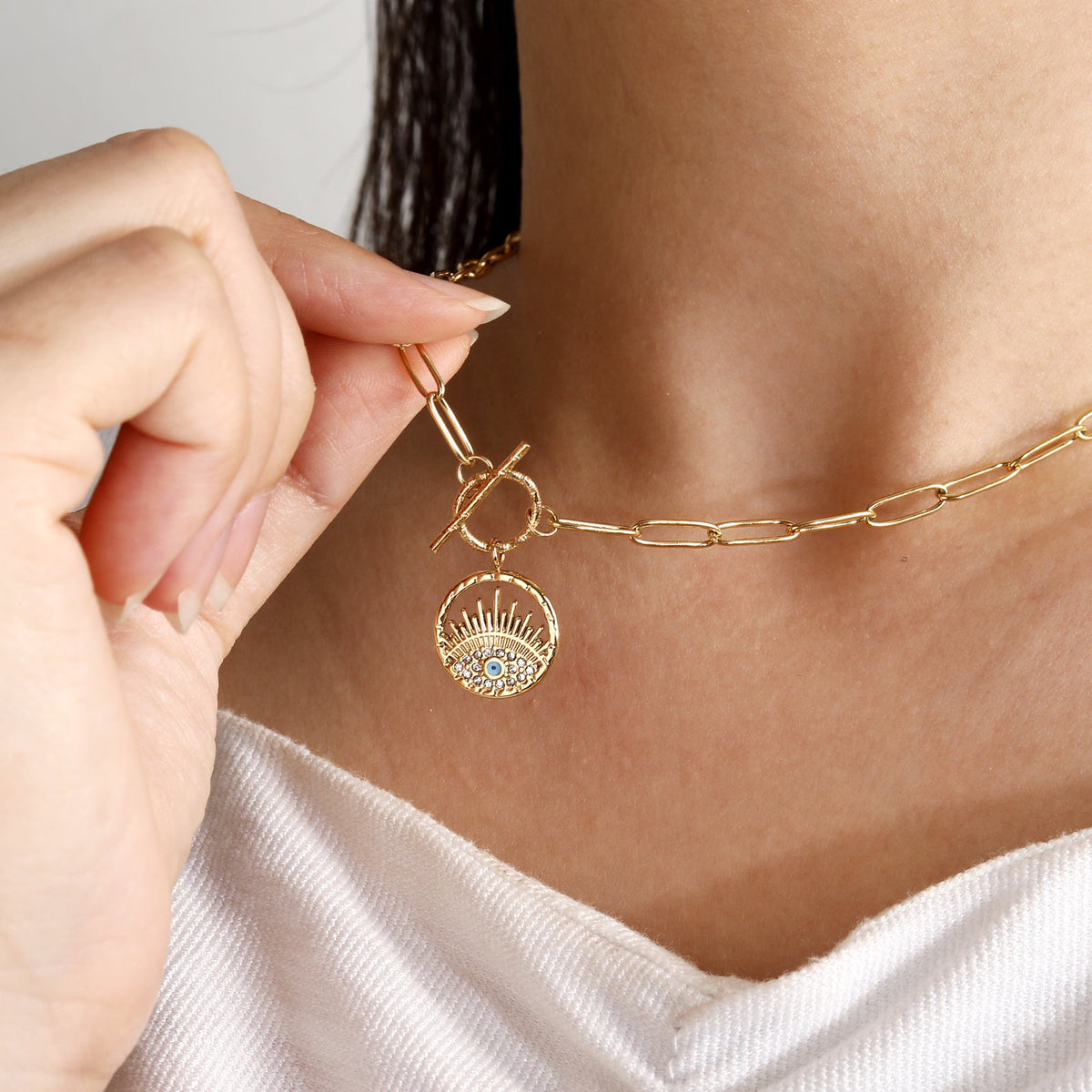 Paperclip-Chain Evil Eye Pendant Necklace