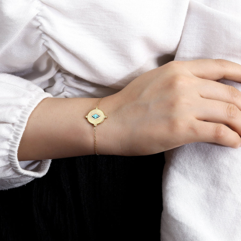 Rhombus-Cut Turquoise Link Bracelet, 18K Gold Plated Adjustable Stacking Chain