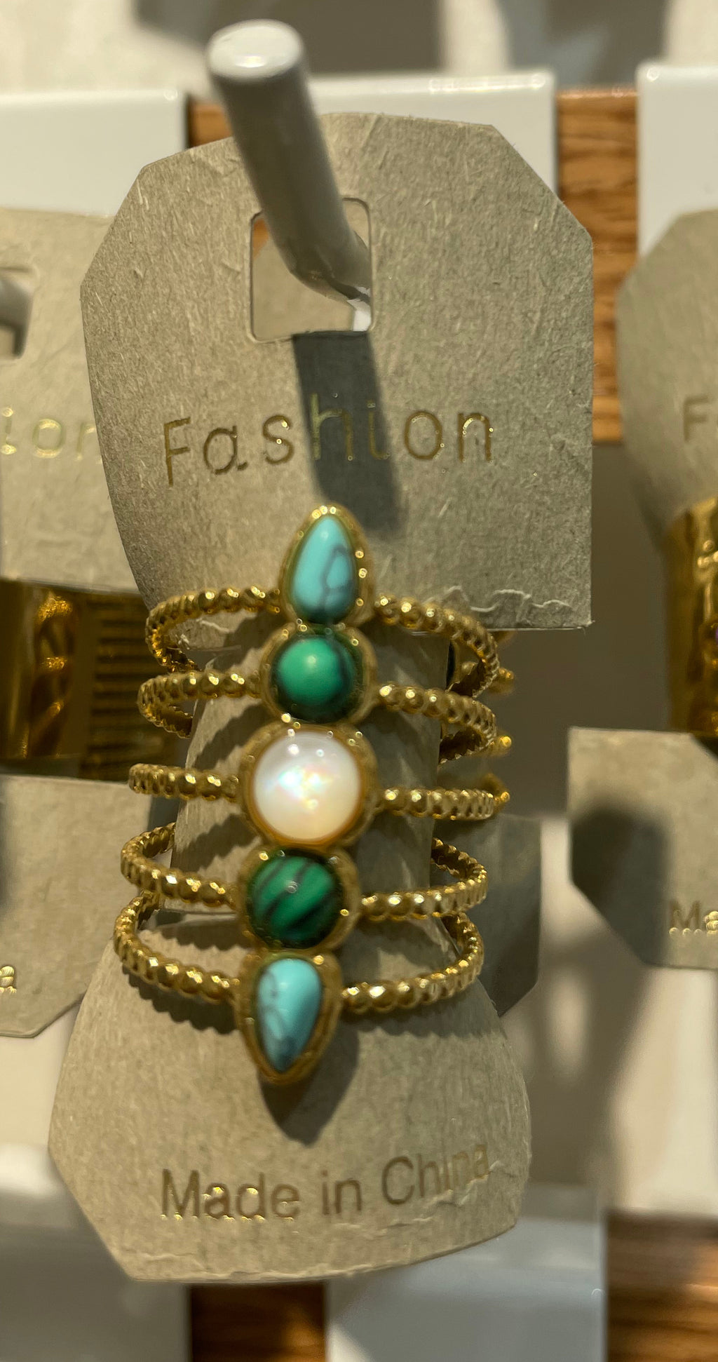 Green Stone and Pearl Ring - W1-0114